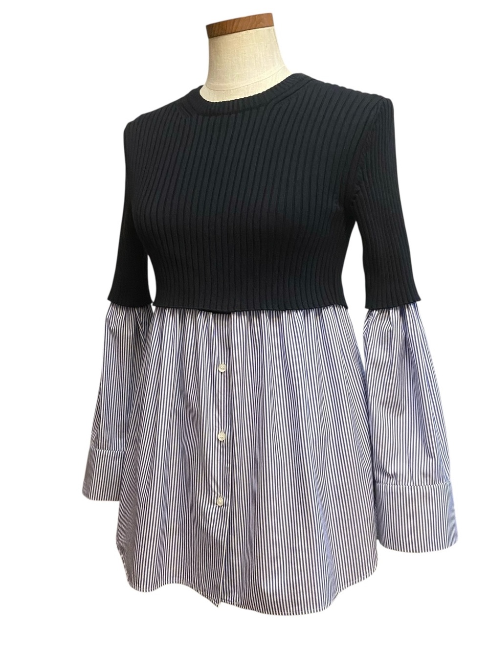 KENZO Paris Mixed Ribbed Knit And Cotton Poplin Shirt Sweater Minimalist Preppy